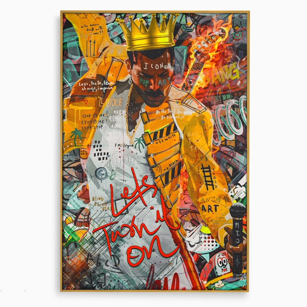 Tablou canvas cu tablou canvas cu freddie mercury stil grafitti, in rama de aluminiu auriu